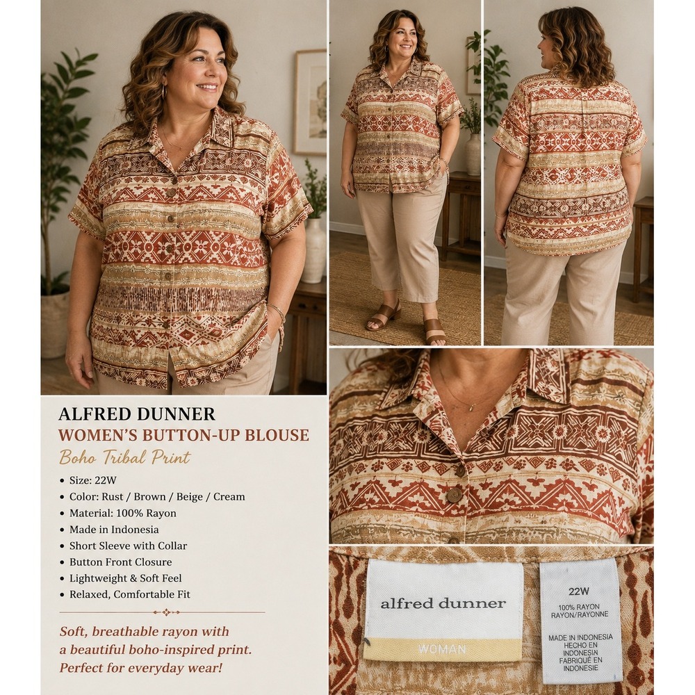 Alfred Dunner Women 22W Blouse Boho Tribal Print Rust Brown Rayon Button Up Top